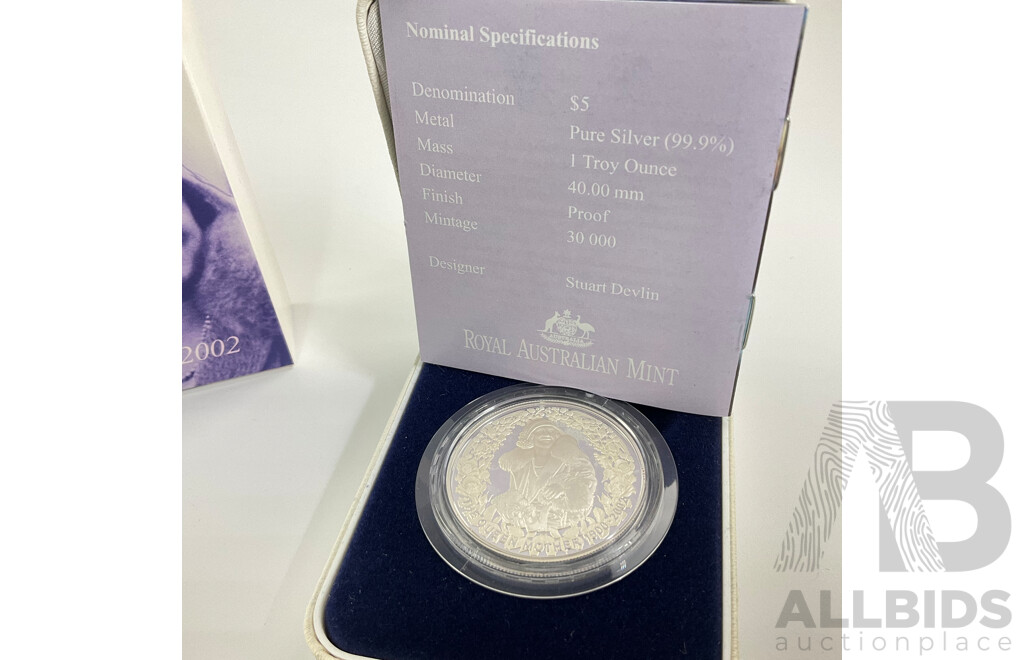 Australian RAM 2002 Silver Proof Five Dollar Coin, Queen Mother, Celebration of Her Life .999