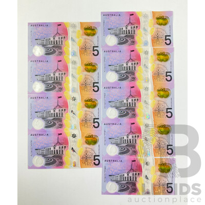 Nine Australian 2016 Next Generation Five Dollar Notes R224 Consecutive AJ 161574076 to AJ 161574079 and AI 161573980 to AI 161573984