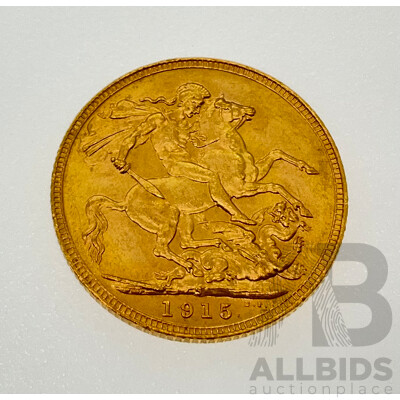 Australian 1915 KGV Gold Sovereign, Sydney Mint .917, Ex Bank of Albania Gold Sale 1990/91