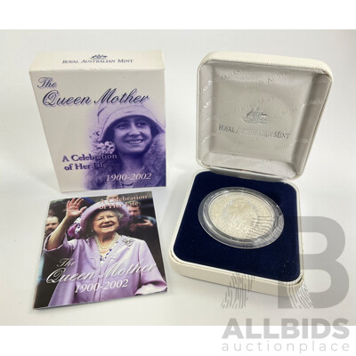 Australian RAM 2002 Silver Proof Five Dollar Coin, Queen Mother, Celebration of Her Life .999