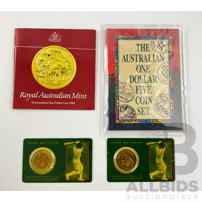 Australian RAM UNC One Dollar Coins Including Two 1996 Five Dollar Donald Bradman, 1984 First Year Issue, Five Coin Set Including 1984, 1985, 1986 Year of Peace......