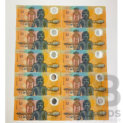 Ten Australian 1988 Bicentennial Ten Dollar Notes, First Issue Consecutive AB 32947985 - AB 32947994