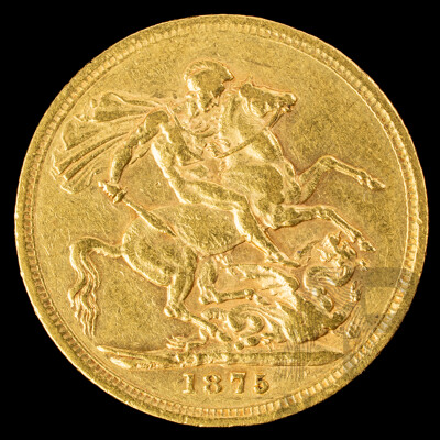 Australian 1875 QV Gold Sovereign, Melbourne Mint, St George Reverse .917
