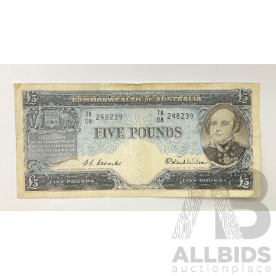 Australian 1954 Five Pound Note R49 Coombs/Wilson TB 08 248239