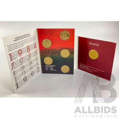 Australian RAM UNC One Dollar Coins Including 1984 First Year Issue, Five Coin Set Including 1984, 1985, 1986 Year of Peace, 1988 Aboriginal Design, 1992 Barcelona Olympics