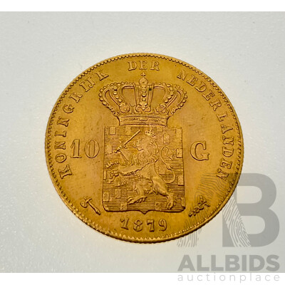 Netherlands 1879 Willem III Gold Ten Gulden Coin .900