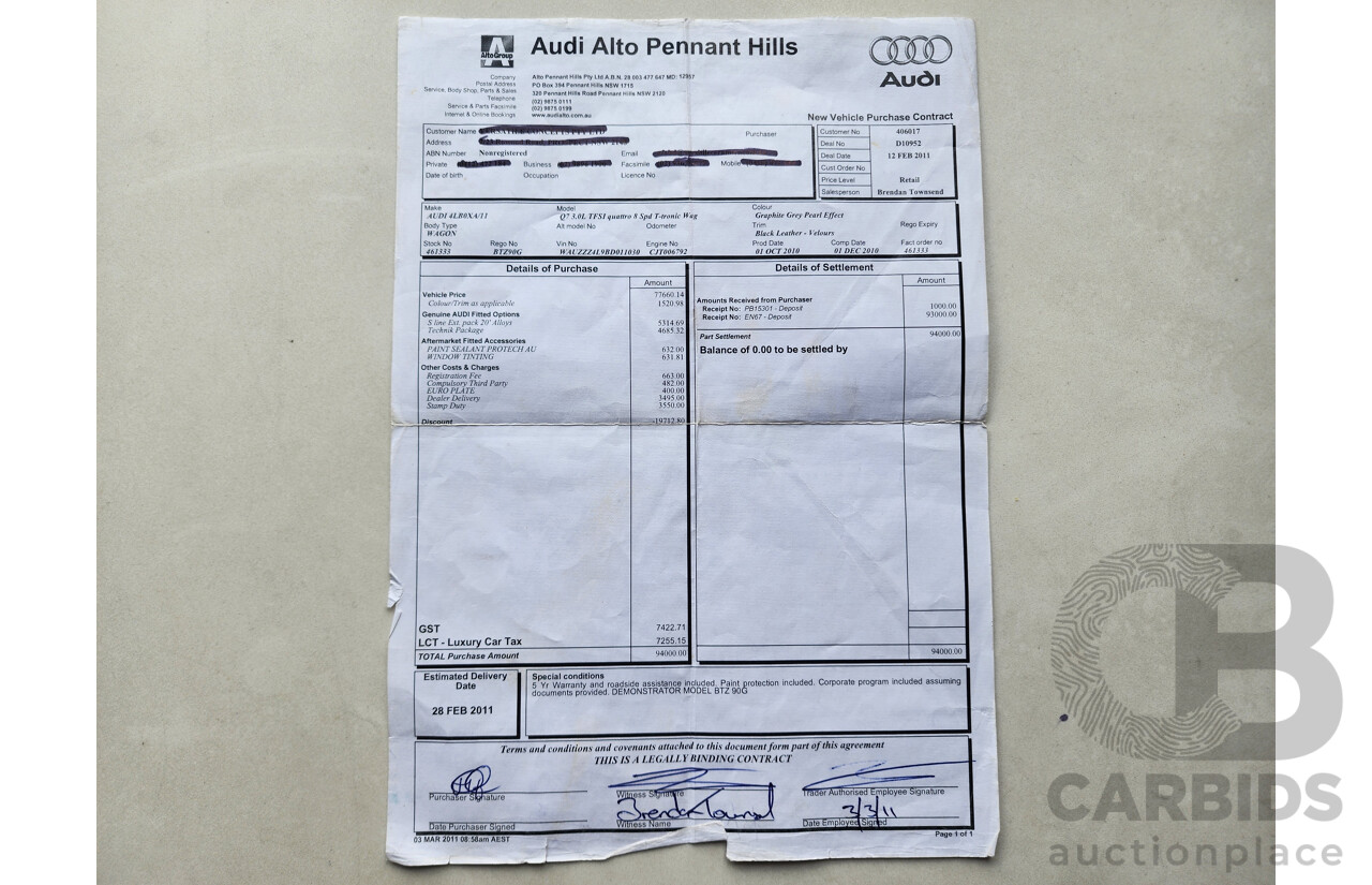 12/2010 Audi Q7 3.0 TFSI Quattro MY11 4d Wagon Grey 3.0L