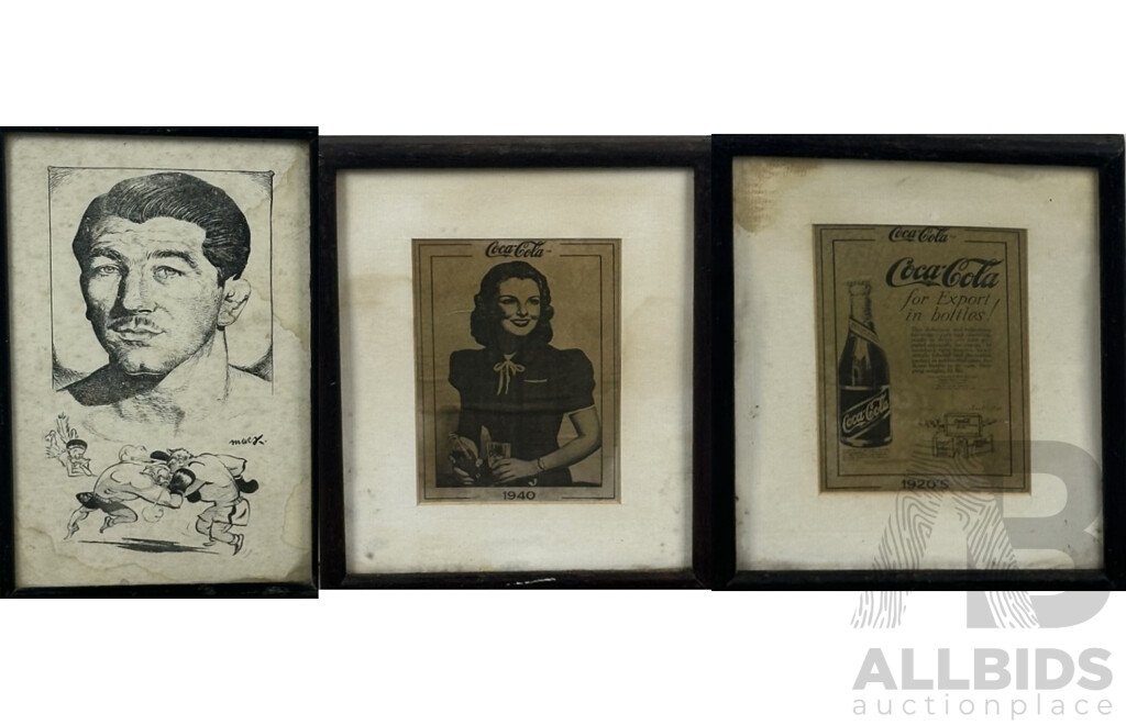 Trio of Vintage Framed Images - Two Coca Cola Advertisements (1920s and 1940s) and Cartoon of Boxer, Ink and Paper, 24 x 19 cm (^Frames X 2 Coca Cola) (3)