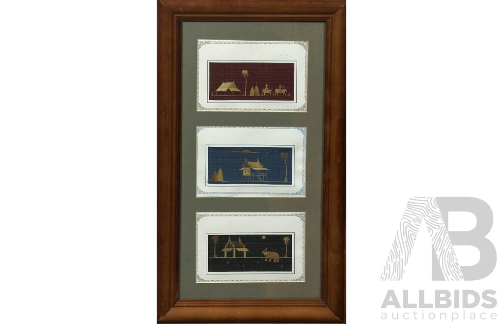 Artist Unknown (Thai School), Villagers; Home and Elephant, Trio of Vintage Bamboo Leaf and Straw on Coloured Cloth, 51 x 30 cm (frame)