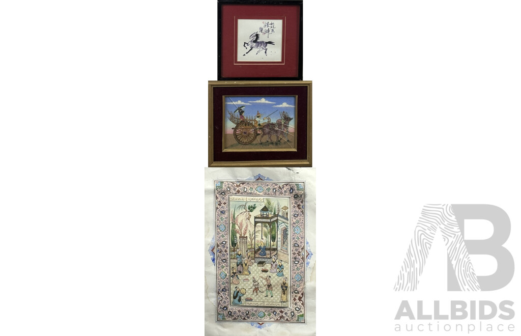 Collection of Three Works - Gem Art From Myanmar; Japanese Shikishi Print of Horse & Iranian Gouache on Board,  22 X 22 Cm (Japanese Frame Print) (3)