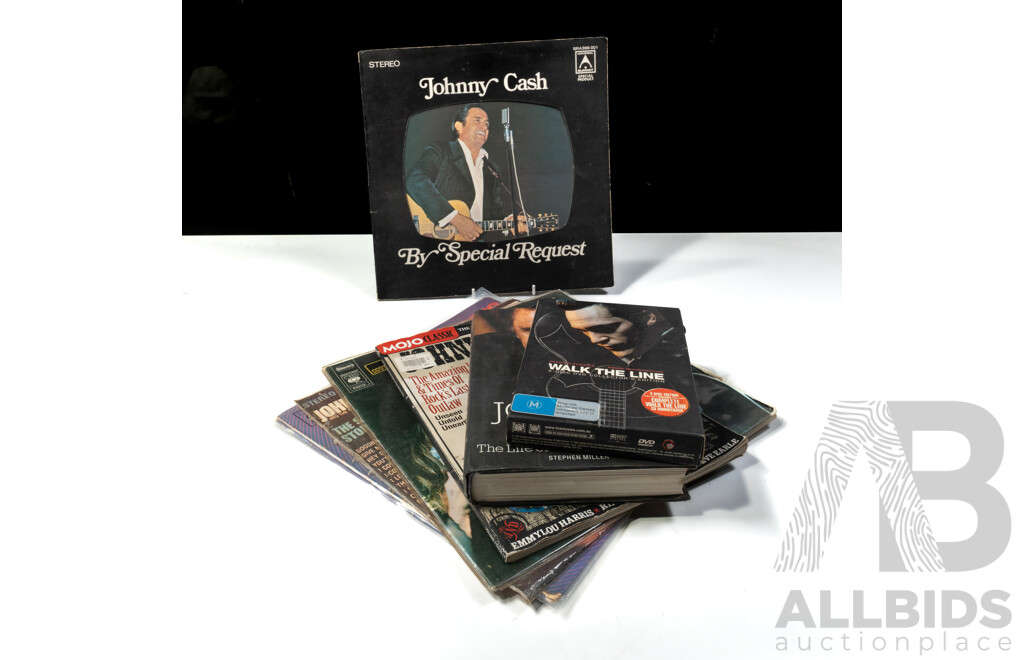 Collection Memorabilia Realted to Johnny Cash Including Five Vinyl LP Records, Books, Magazines and More