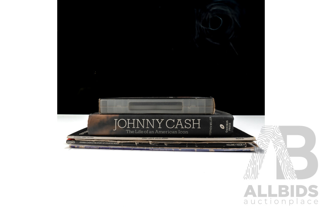 Collection Memorabilia Realted to Johnny Cash Including Five Vinyl LP Records, Books, Magazines and More