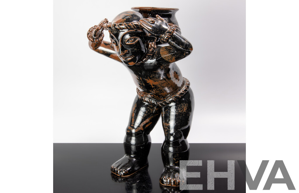 Fantastic Australian Studio Pottery South American Man Tenmoku Sculpture Figure by Merelyn Pearce of Gerringong