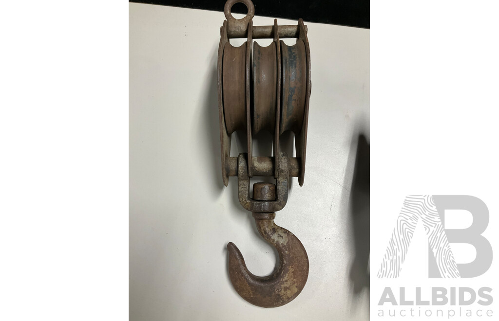 Two Iron Pulley Hooks Including Richard Russell & Sons