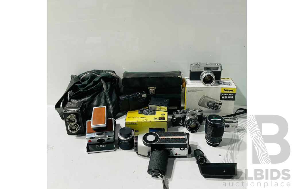 Collection of Vintage and Other Cameras and Camera Equipment Including Viennette Super 8 Video Camera, Polaroid SX-70 Land Kamera