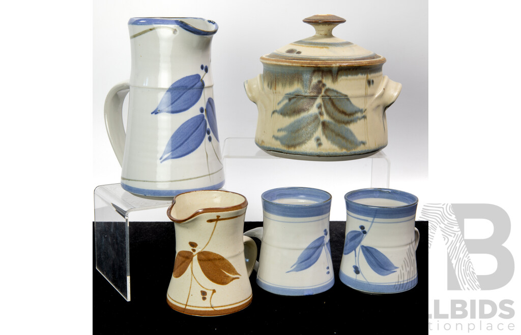 Collection Five Hand Made and Decorated Australian Studio Pottery Pieces by Doug Alexander