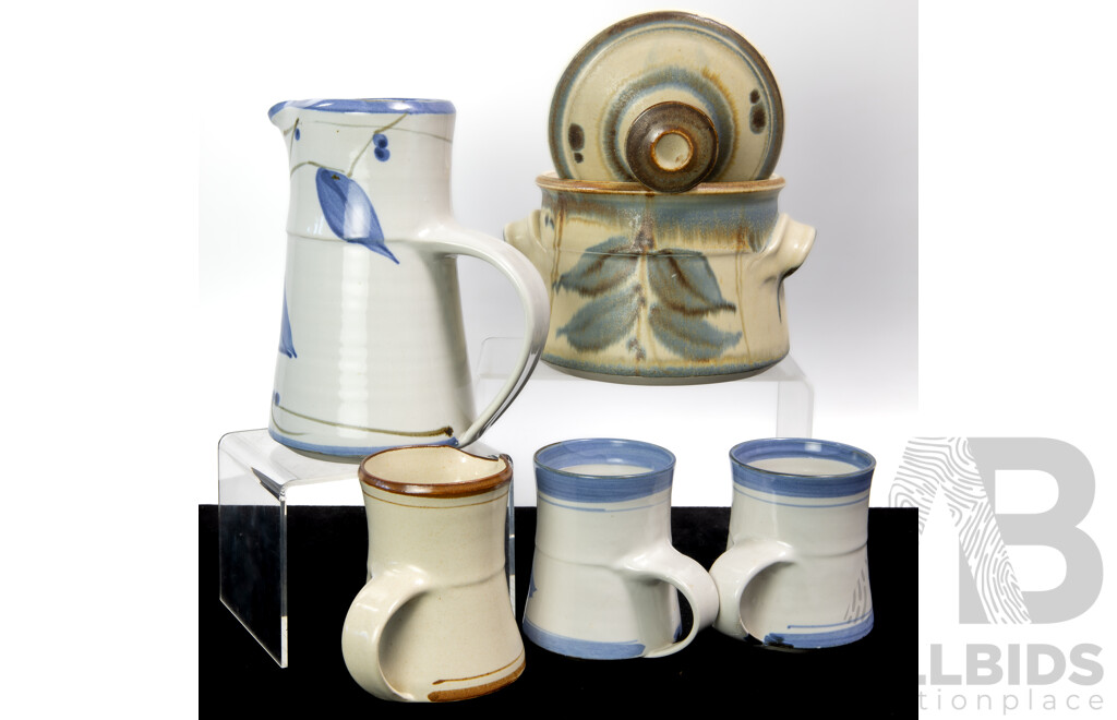 Collection Five Hand Made and Decorated Australian Studio Pottery Pieces by Doug Alexander