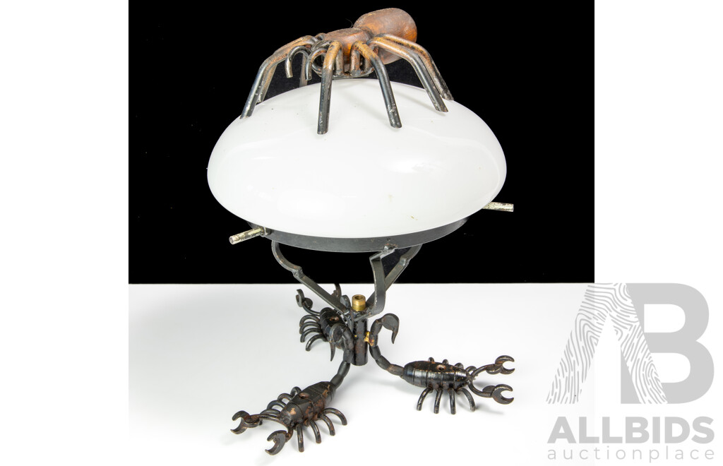 Wood and Iron Scorpion and Spider Themed Lamp with Glass Shade