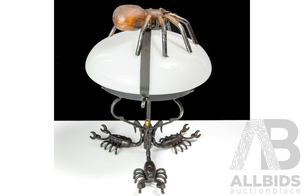 Wood and Iron Scorpion and Spider Themed Lamp with Glass Shade