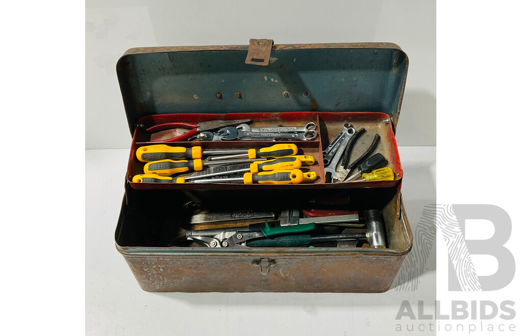 Vintage Toolbox with Several Tools Inside