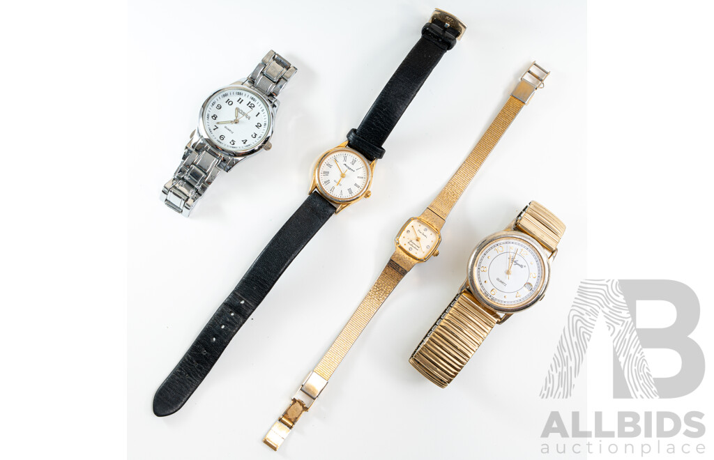 Collection of (4) Vintage Ladies Dress Watches Including Gold Tone Pierre Cardin Diamond Collection Watch 4535