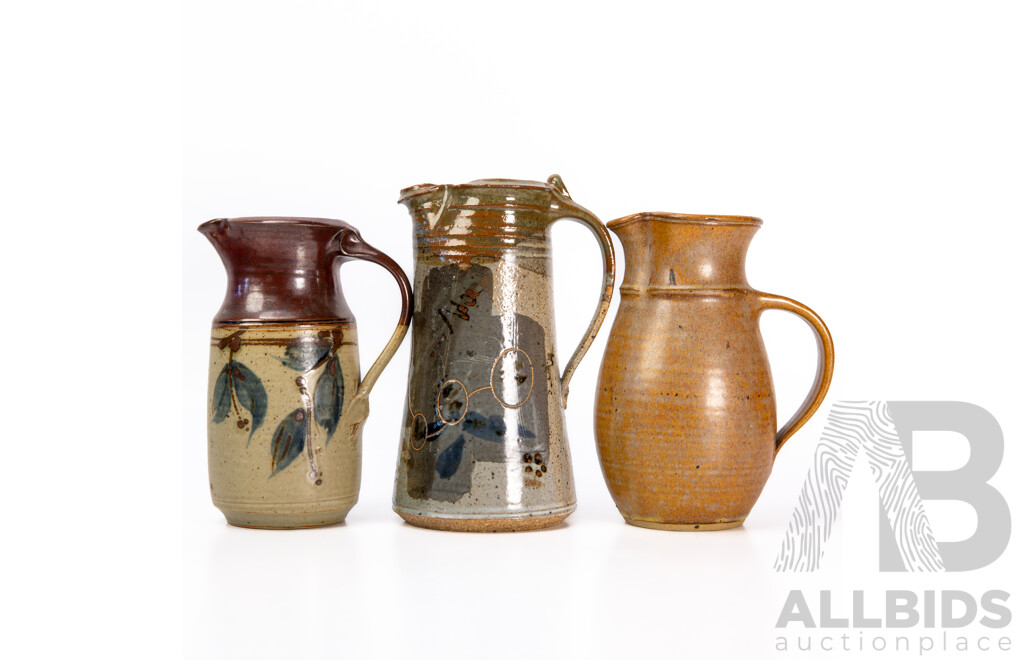 Collection Three Studio Pottery Jugs Comprising Australians Gilbert Buchanan & Friary Pottery Along with USA David Lee Example