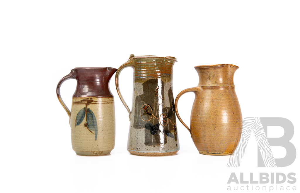Collection Three Studio Pottery Jugs Comprising Australians Gilbert Buchanan & Friary Pottery Along with USA David Lee Example