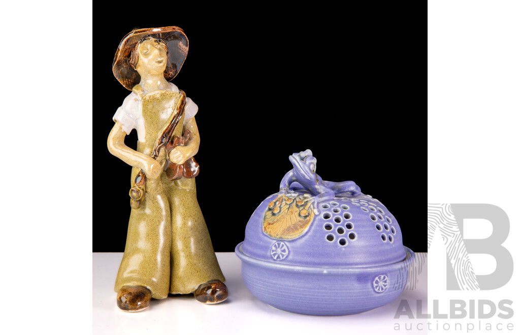 Two Pieces Local Canberra Australian Studio Pottery by Leonie Lucey Comprising Lidded Pot Pourri & Happy Man Figure
