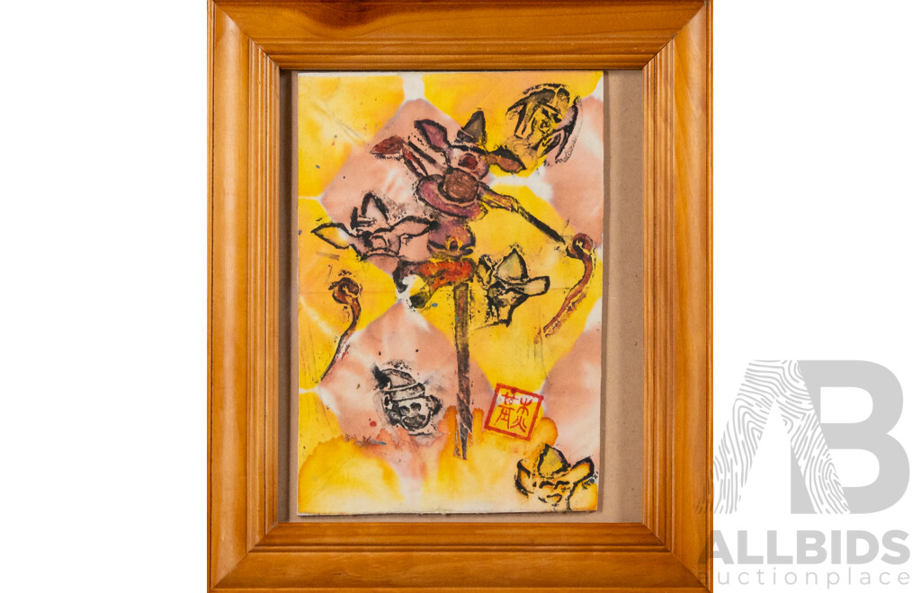 Jackie Gorring (20th Century, Australian), Little Piggies, Wonderful Original Colour Relief Print on Paper Backed Onto Chipboard Wood Panel, 32 x 27 cm (frame)