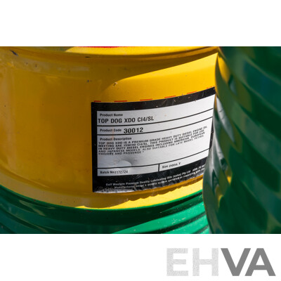 Pallet Containing Drums Assorted Engine Oil 15W40, Grease, ATF DEXIII & Coolant, Various Levels