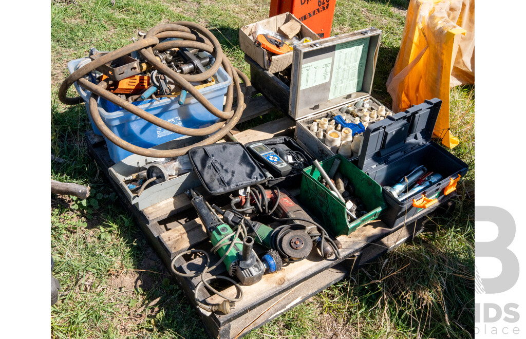 Pallet Containing Various Power Tools, Hoses, Fittings, Tools, Tap & Dye ETC