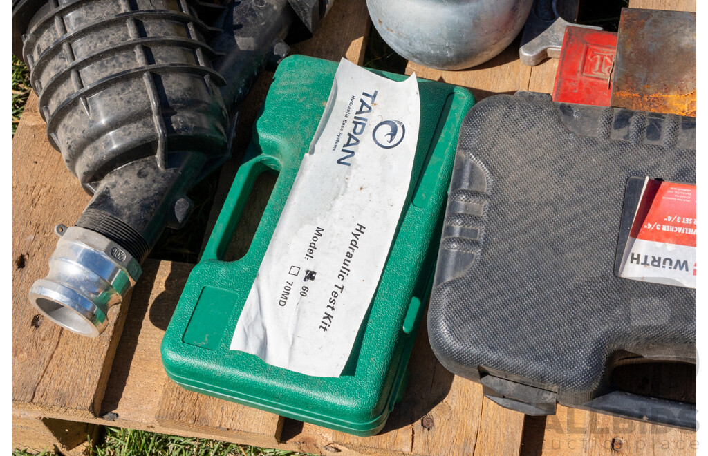 Pallet Containing Grease Gun, Spanners, Sockets, Cutters,Socket Set, Alan Keys, Hydraulic Test Kit & Poly Filter ETC