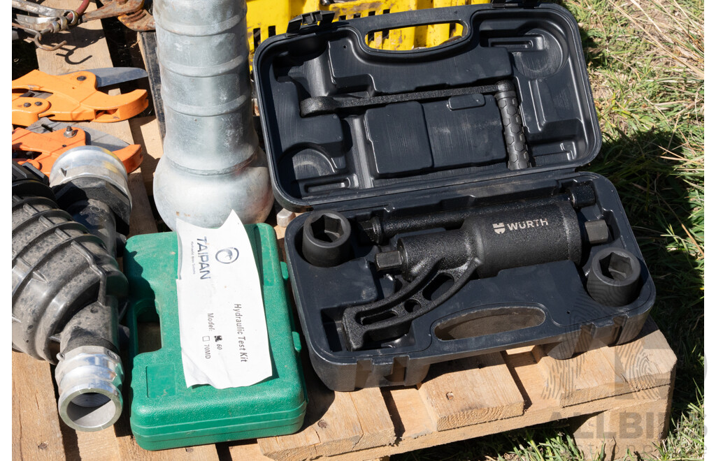 Pallet Containing Grease Gun, Spanners, Sockets, Cutters,Socket Set, Alan Keys, Hydraulic Test Kit & Poly Filter ETC