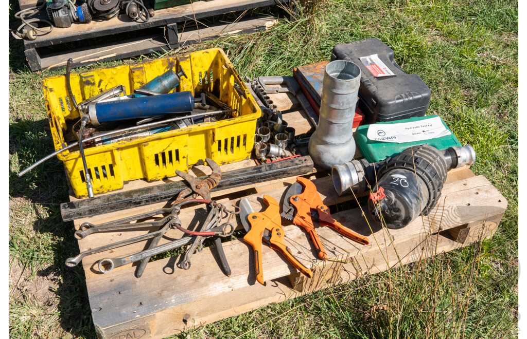 Pallet Containing Grease Gun, Spanners, Sockets, Cutters,Socket Set, Alan Keys, Hydraulic Test Kit & Poly Filter ETC