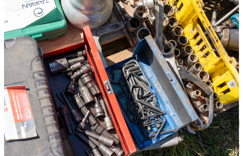 Pallet Containing Grease Gun, Spanners, Sockets, Cutters,Socket Set, Alan Keys, Hydraulic Test Kit & Poly Filter ETC