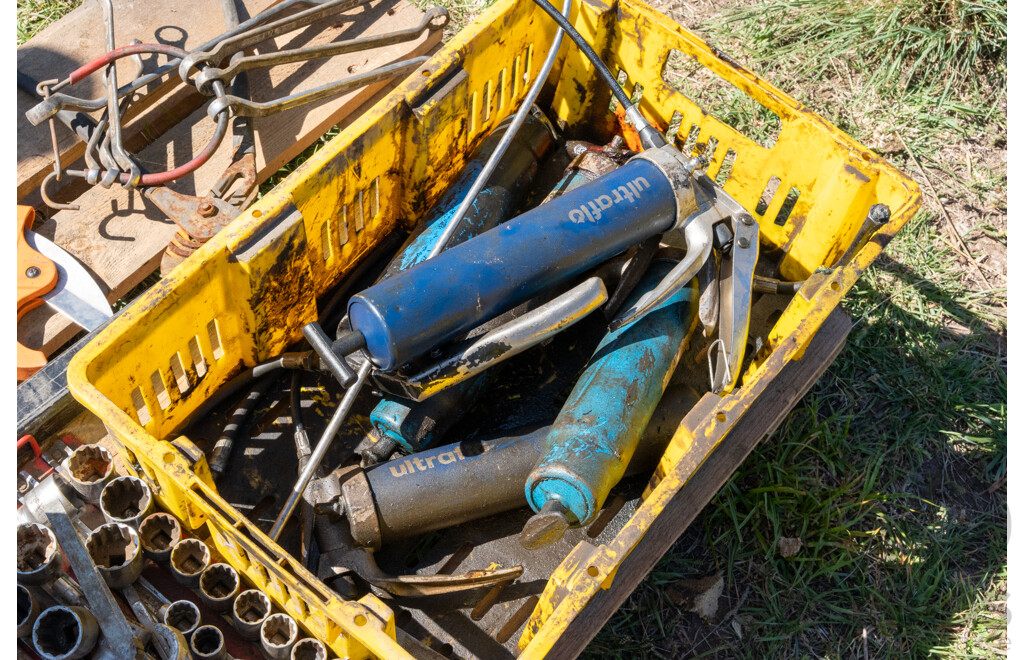 Pallet Containing Grease Gun, Spanners, Sockets, Cutters,Socket Set, Alan Keys, Hydraulic Test Kit & Poly Filter ETC