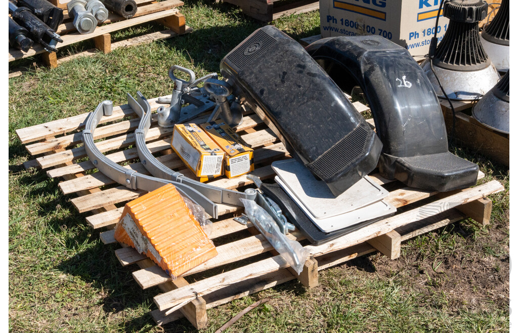 Pallet Containing Trailer Springs, Hitches, Guards & Wheel Chocks ETC