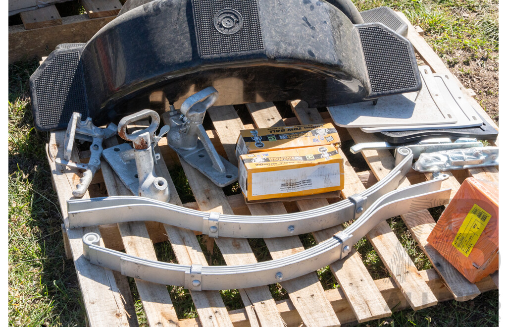 Pallet Containing Trailer Springs, Hitches, Guards & Wheel Chocks ETC