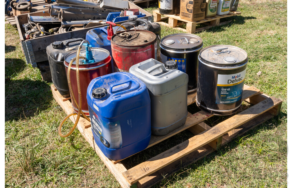 Pallet Containing Drums, Hand Pumps, Oils & Lubes ETC