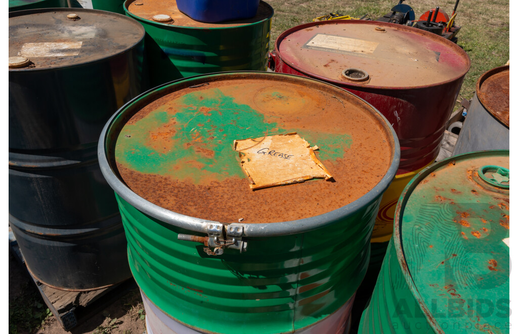 Pallet Containing Drums Assorted Engine Oil 15W40, Grease, ATF DEXIII & Coolant, Various Levels