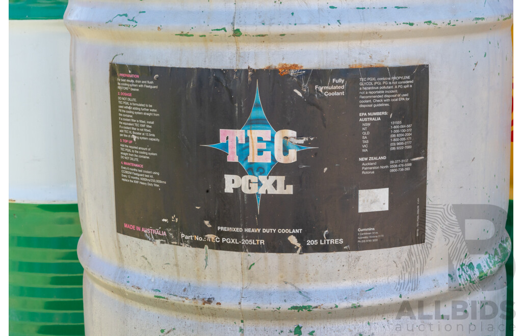 Pallet Containing Drums Assorted Engine Oil 15W40, Grease, ATF DEXIII & Coolant, Various Levels
