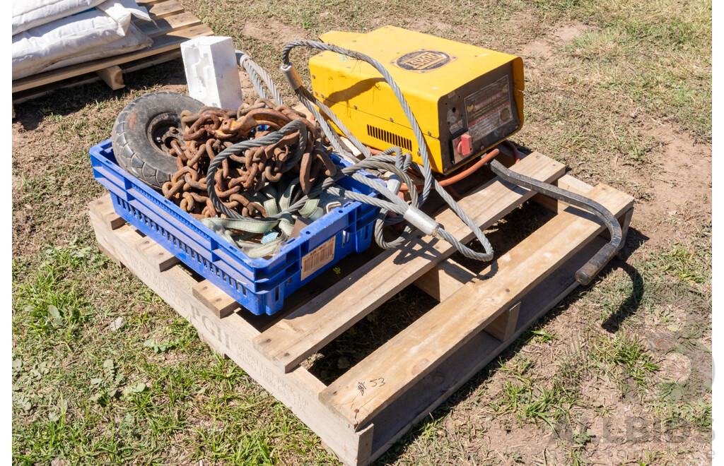 Pallet Containing Durst 12V/24V Jump Starter, Wire Ropes & Chains ETC