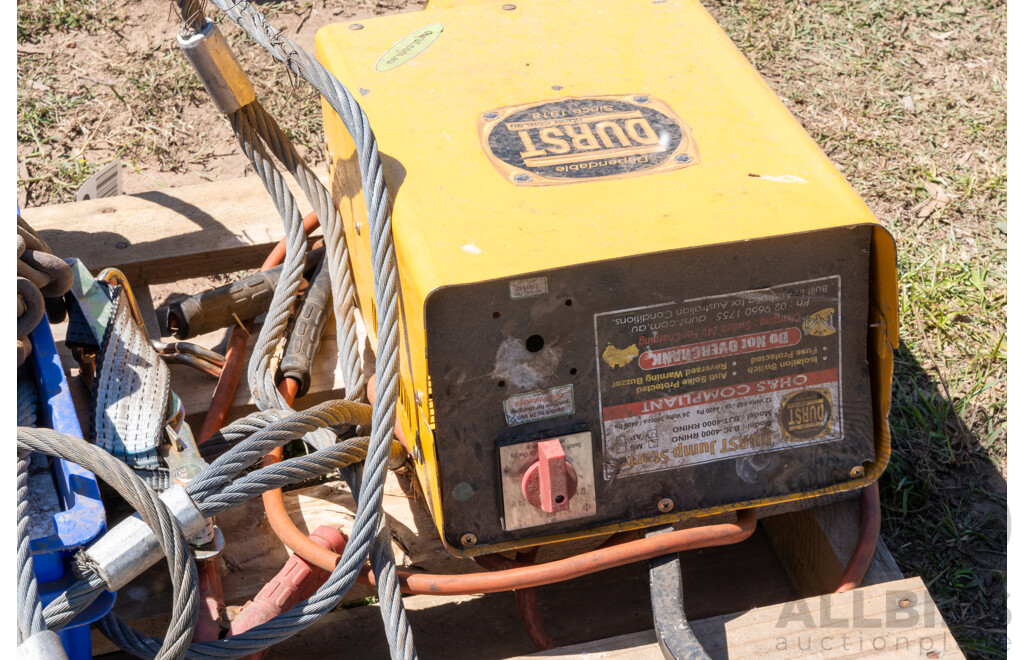 Pallet Containing Durst 12V/24V Jump Starter, Wire Ropes & Chains ETC