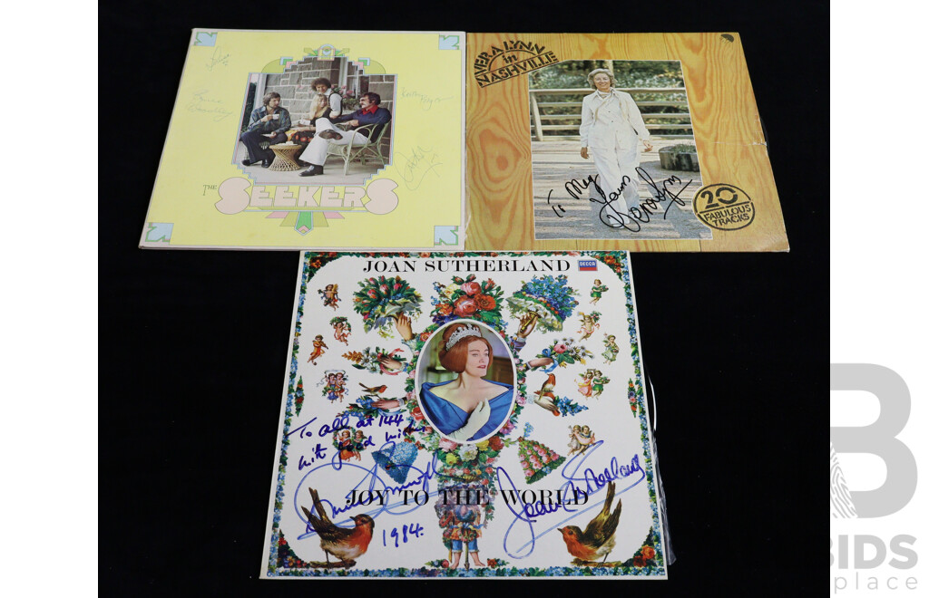 Collection Three Vintage Vinyl LP Records, Signed by the Artists Comprising Dame Joan Sutherland, the Seekers, and Vera Lynn