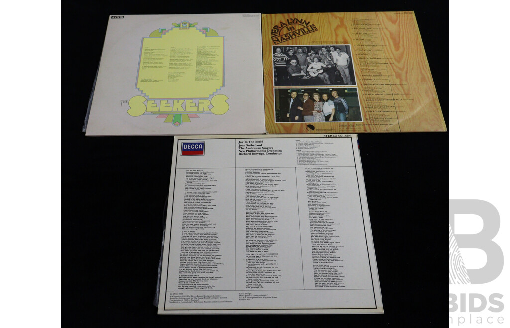 Collection Three Vintage Vinyl LP Records, Signed by the Artists Comprising Dame Joan Sutherland, the Seekers, and Vera Lynn