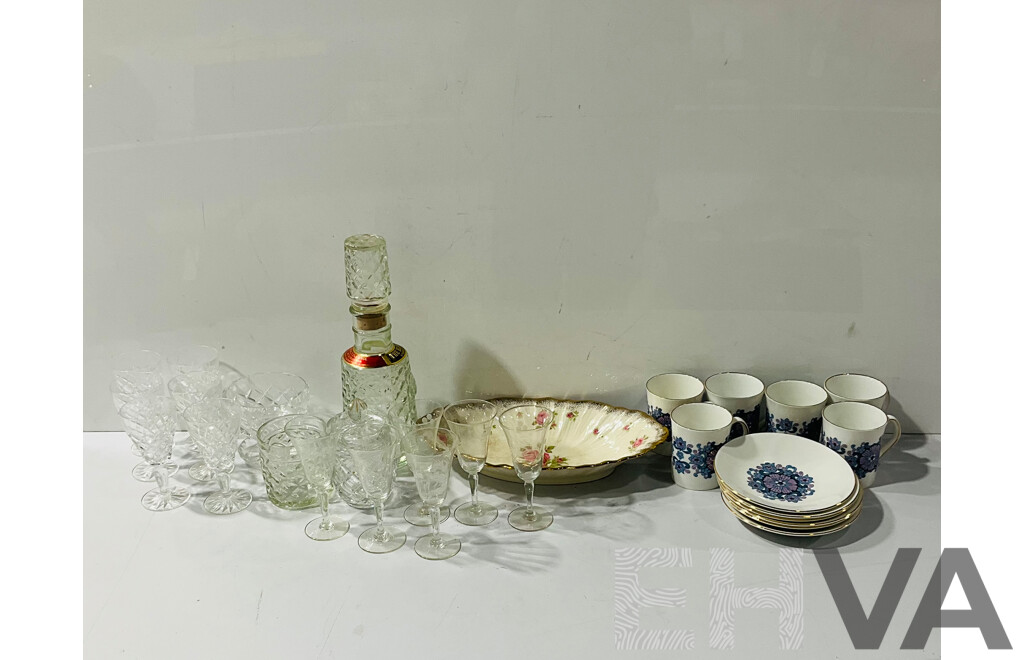 Collection Stemware and Porcelain Including Set Six Cut Crystal Sherry Glasses, Funky Elizabethan China 12 Piece Tea Set, and More