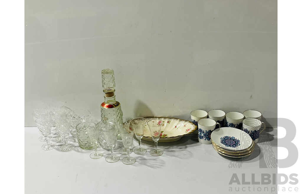 Collection Stemware and Porcelain Including Set Six Cut Crystal Sherry Glasses, Funky Elizabethan China 12 Piece Tea Set, and More