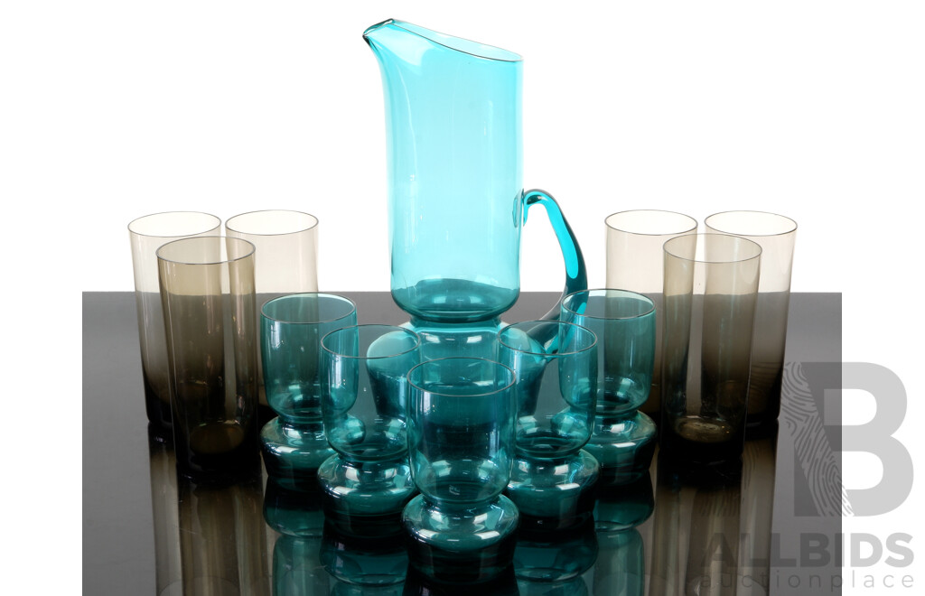 Mid Century Blue Glass Pitcher with Five Matching Glasses Along with Set Six Smokey Glass Highball Tumblers