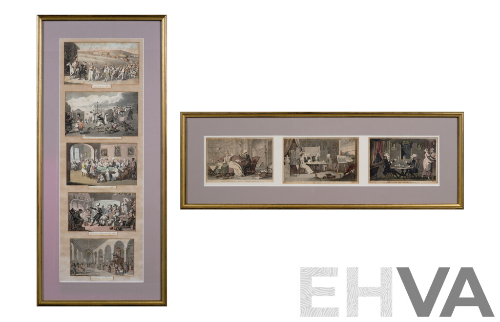 After Thomas Rowlandson (British, 1757–1827), Eight Dr Syntax Images in Varied Situations, Antique Aquatint Etchings After Original Drawings, 82 x 37 cm (larger frame) (2)