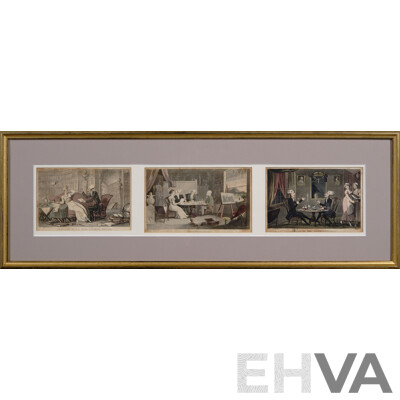 After Thomas Rowlandson (British, 1757–1827), Eight Dr Syntax Images in Varied Situations, Antique Aquatint Etchings After Original Drawings, 82 x 37 cm (larger frame) (2)
